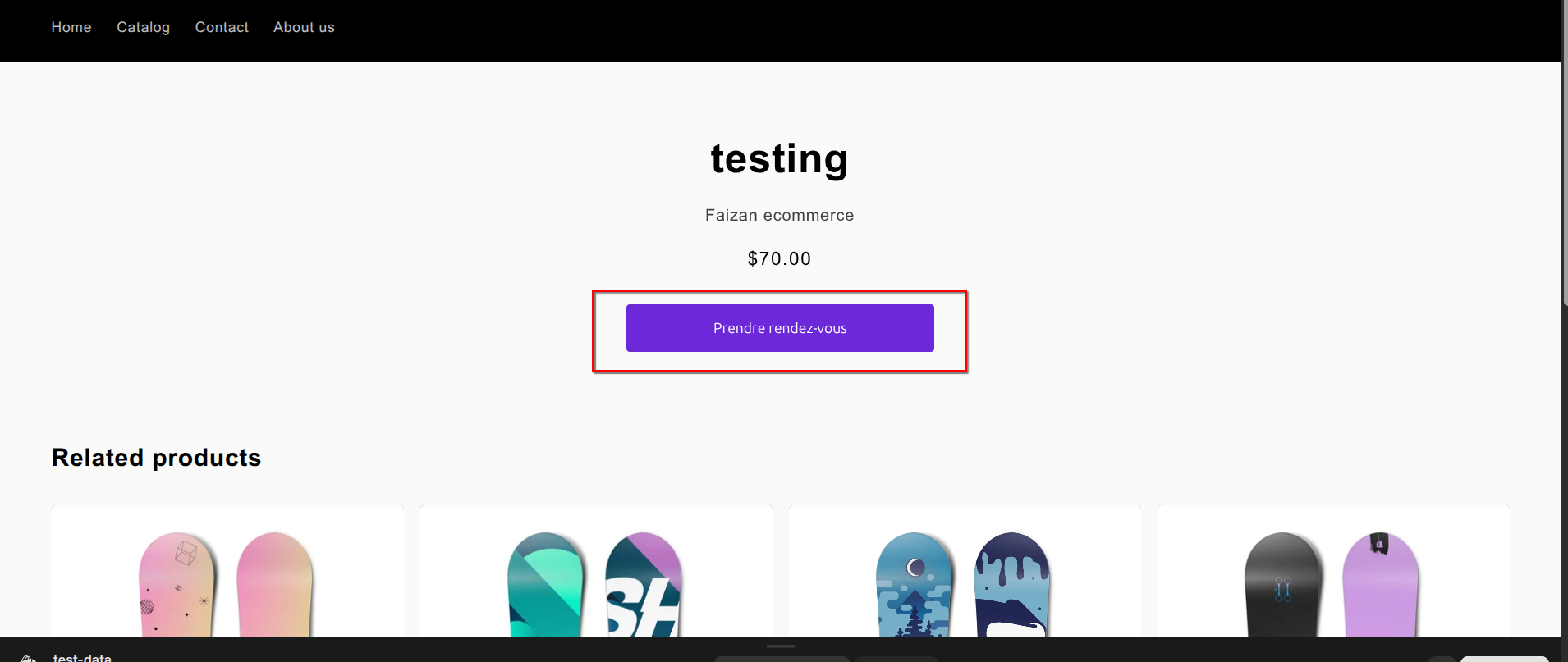 Storefront product page showing the booking button translated to French, "Prendre rendez-vous"